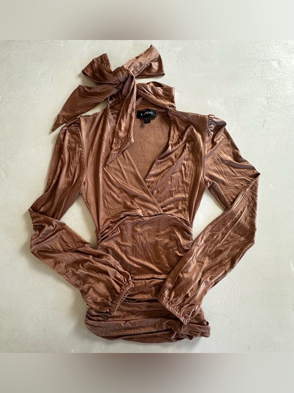 Authentic bebe Satin-Look Brown Wrap Top with Neck Tie